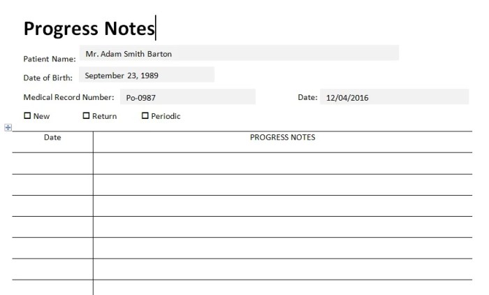 Progress note template medical notes blank printable form nursing printablee nurse dental activities via client therapy occupational